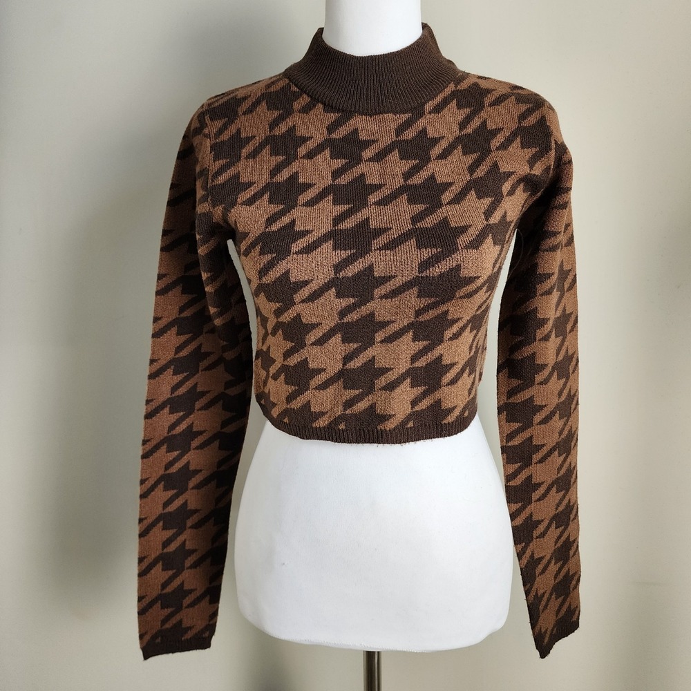 ACW Crop Sweater Women XS S Knit Houndstooth‎ Y2K Dark Academia Preppy Coquette